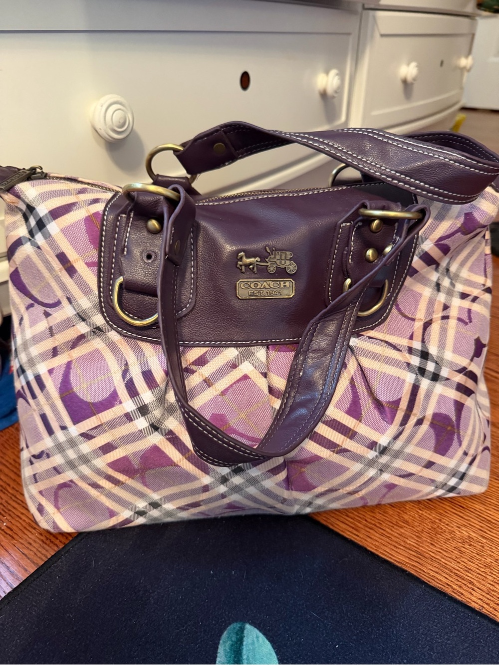 Purple Plaid Canvas & Leather Tote
